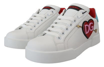 Dolce &amp; Gabbana Weiße Ledersneaker Portofino Logo Herzschuhe