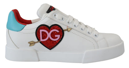 Dolce &amp; Gabbana Weiße Ledersneaker Portofino Logo Herzschuhe