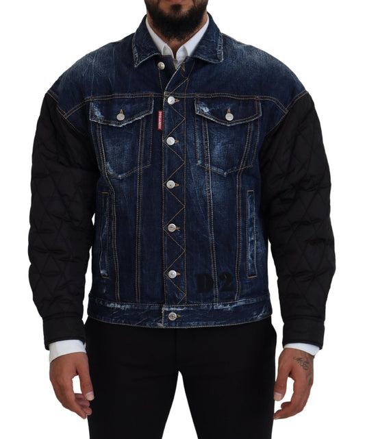 Dsquared² Blue Denim Black Sleeves Men Jacket Cotton Bomber