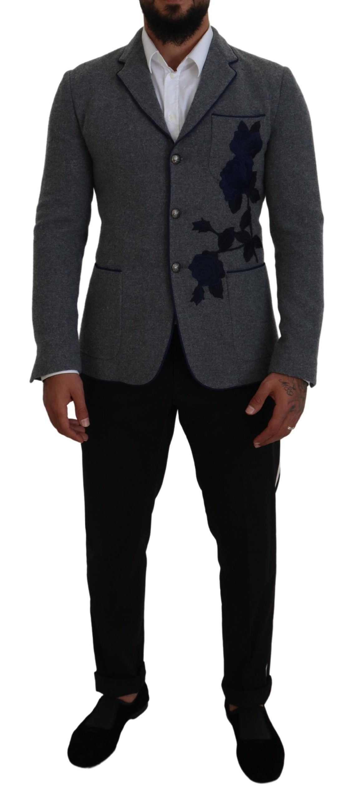 Dolce &amp; Gabbana Grauer Wollrosen-Slim-Fit-Jackenblazer