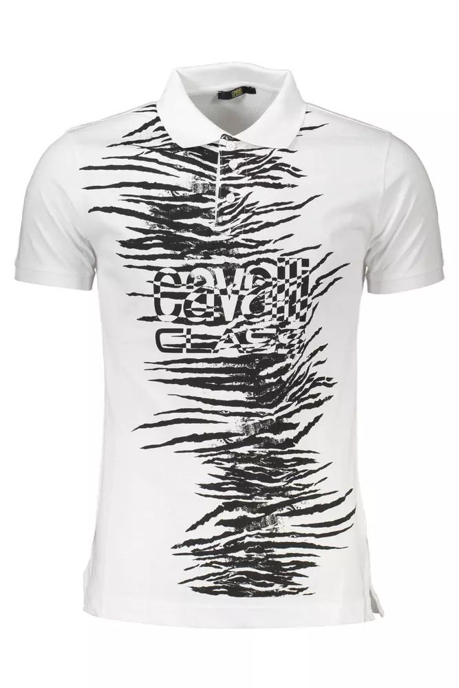 Cavalli Class Elegant White Cotton Polo with Signature Print