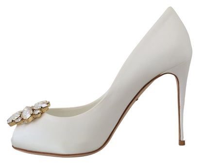 Dolce &amp; Gabbana weiße Satin-Pumps mit Kristallen und Peep-Toe-Absatz