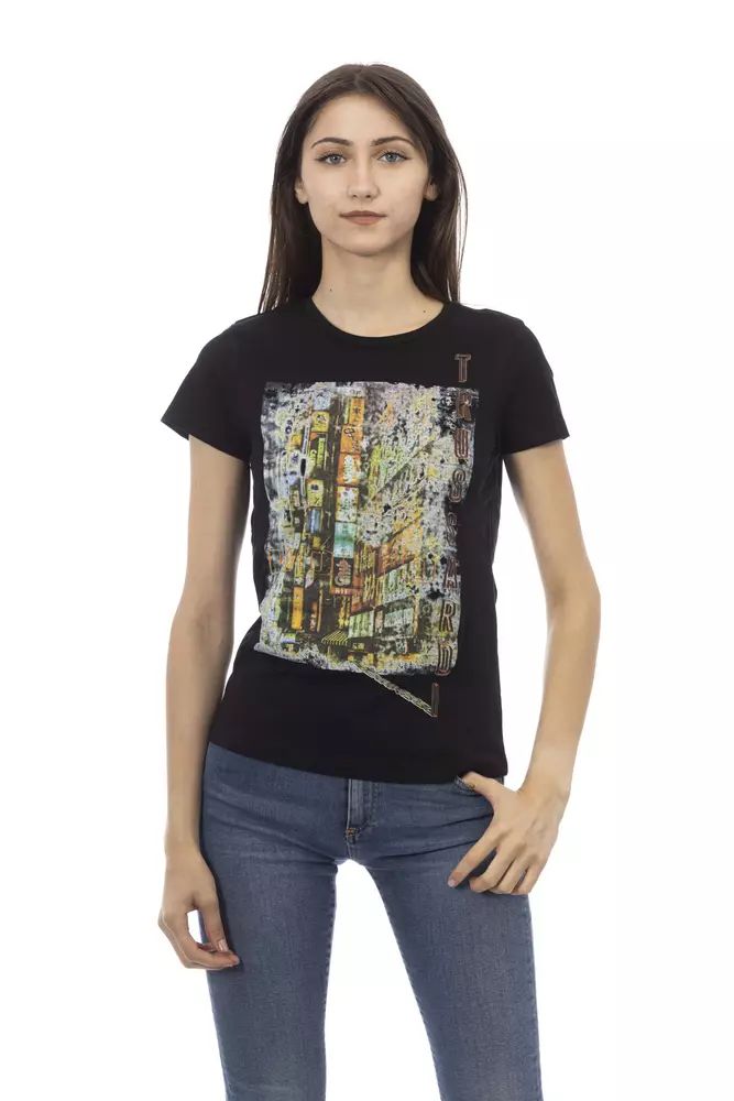 Trussardi Action Chic Black Cotton Blend Tee with Unique Front Print