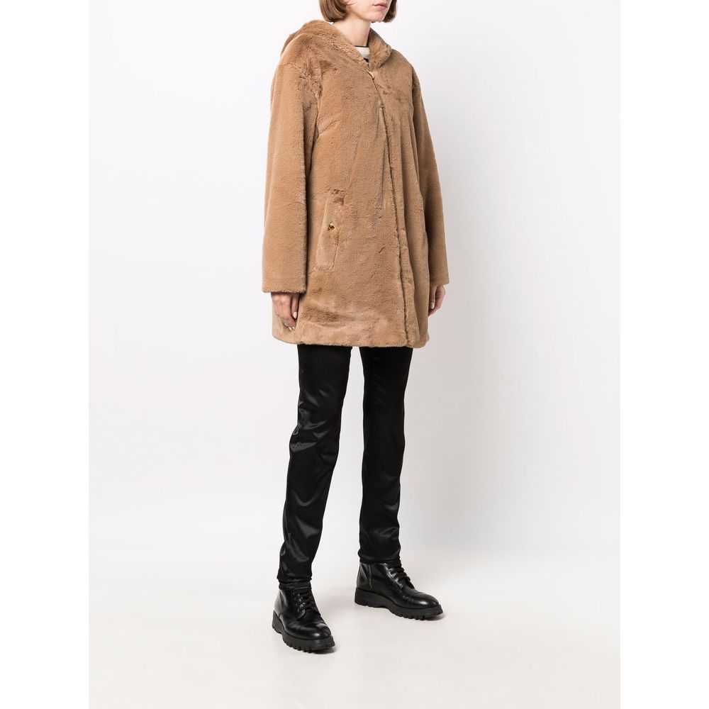 Love Moschino Elegant Beige Faux Fur Hooded Coat