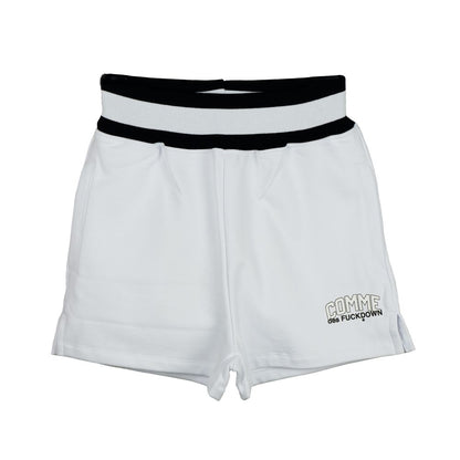 Comme Des Fuckdown Chic White Stretch Shorts with Logo Print