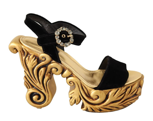 Dolce &amp; Gabbana Schwarzgoldene barocke Samt-Absatz-Kristallschuhe