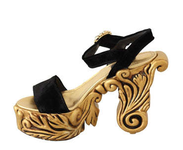 Dolce &amp; Gabbana Schwarzgoldene barocke Samt-Absatz-Kristallschuhe