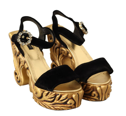 Dolce &amp; Gabbana Schwarzgoldene barocke Samt-Absatz-Kristallschuhe