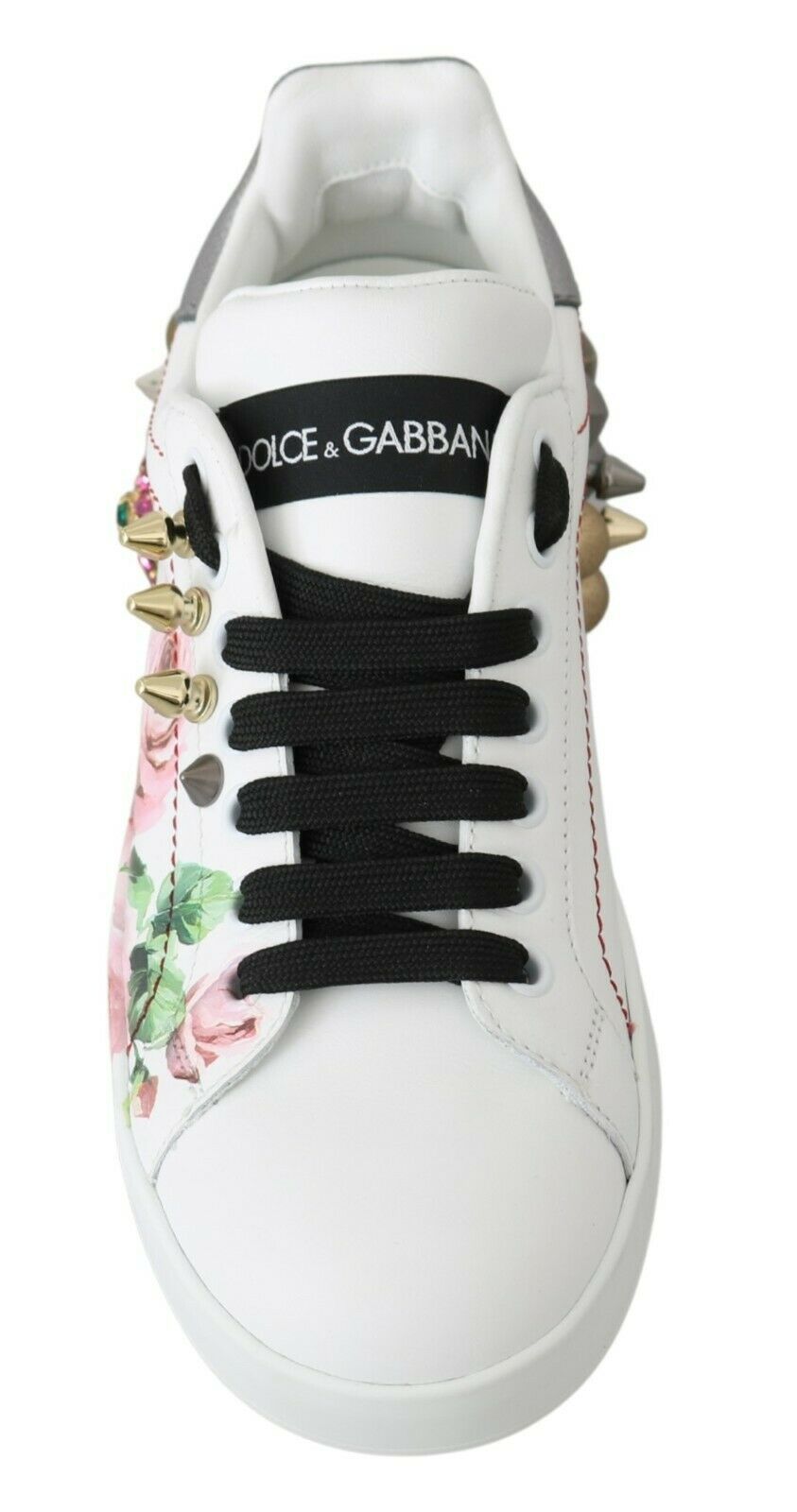 Dolce &amp; Gabbana Sneakers-Schuhe aus weißem Leder mit Kristallrosen und Blumenmuster