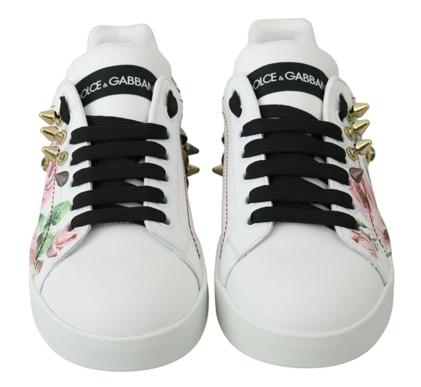 Dolce &amp; Gabbana Sneakers-Schuhe aus weißem Leder mit Kristallrosen und Blumenmuster