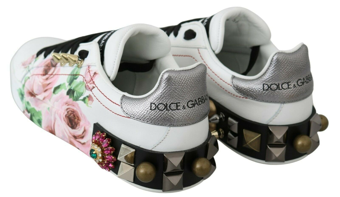 Dolce &amp; Gabbana Sneakers-Schuhe aus weißem Leder mit Kristallrosen und Blumenmuster