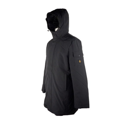 Refrigiwear Sleek Hooded Long Jacket with Zip and Button Closure