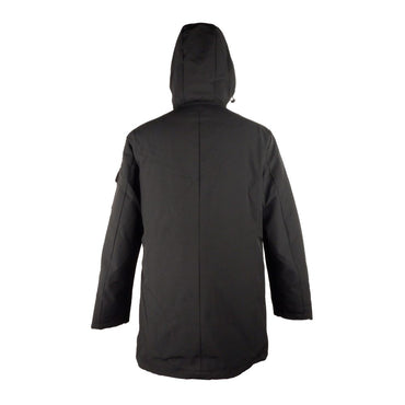 Refrigiwear Sleek Hooded Long Jacket with Zip and Button Closure