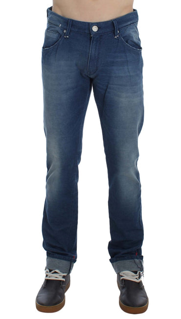 Acht Slim-Fit-Jeans aus Denim-Baumwollstretch in blauer Waschung