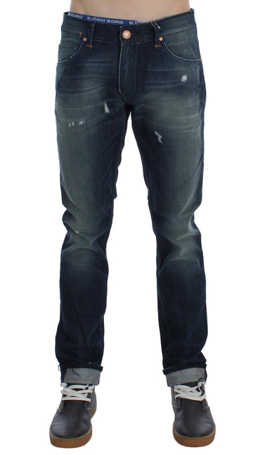 Acht Slim-Fit-Jeans aus Baumwolldenim in blauer Waschung