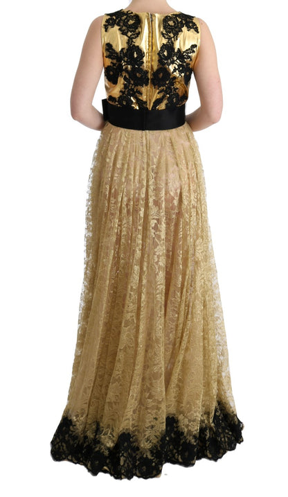 Dolce &amp; Gabbana Goldschwarzes Spitzenkleid mit Blumenmuster