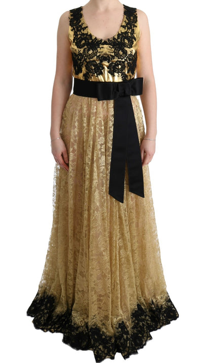 Dolce &amp; Gabbana Goldschwarzes Spitzenkleid mit Blumenmuster