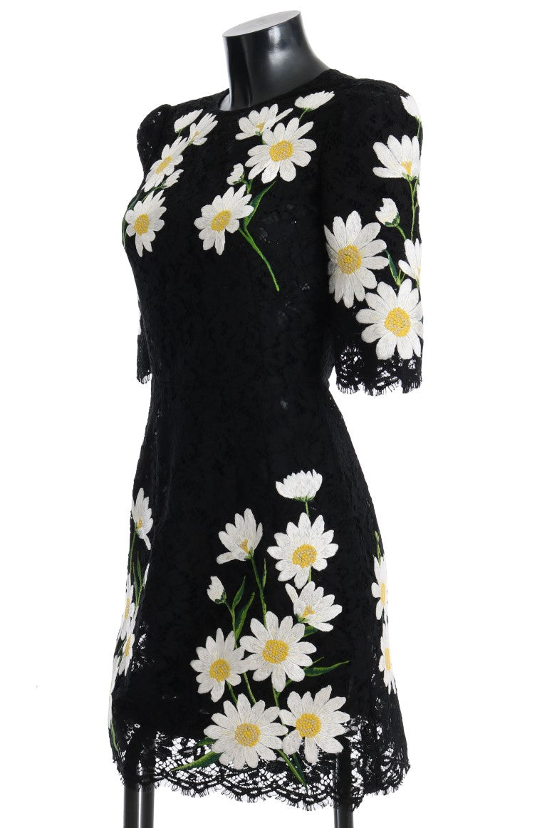 Dolce &amp; Gabbana Schwarzes Sizilien-Kleid mit Blumenspitze und Kamille