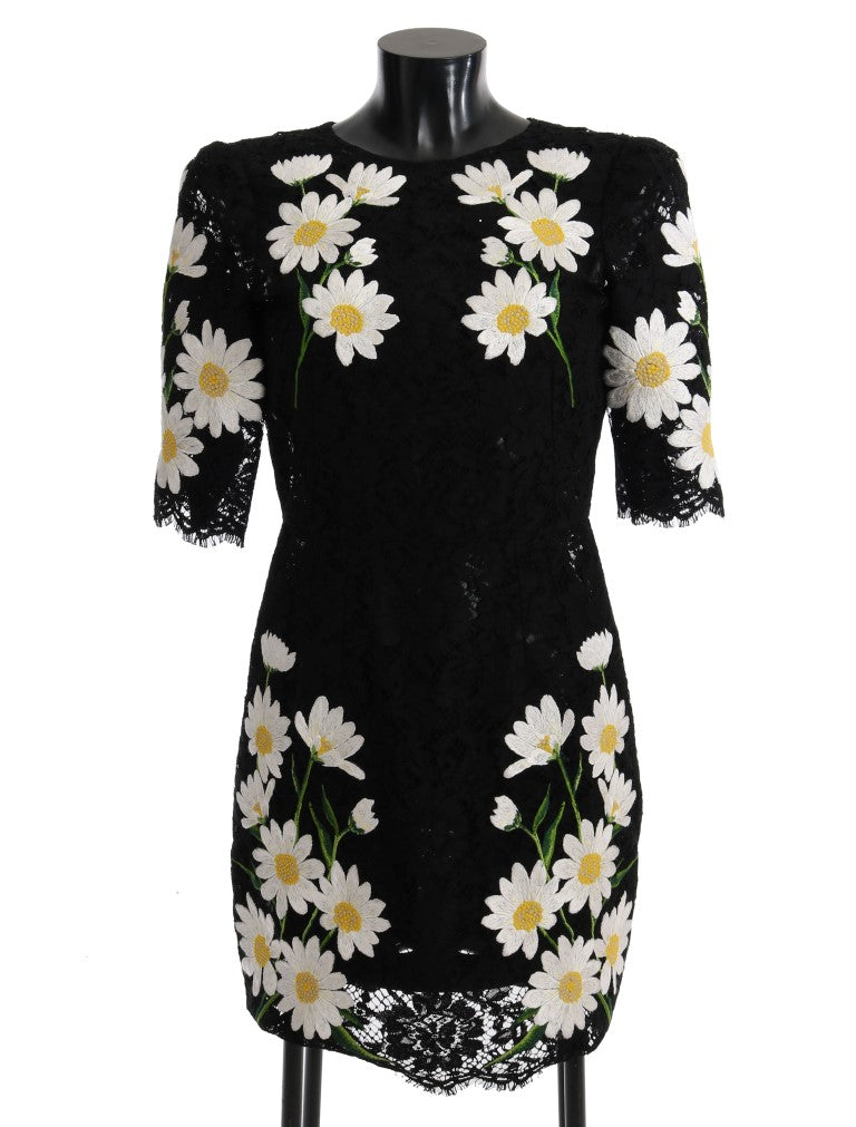 Dolce &amp; Gabbana Schwarzes Sizilien-Kleid mit Blumenspitze und Kamille