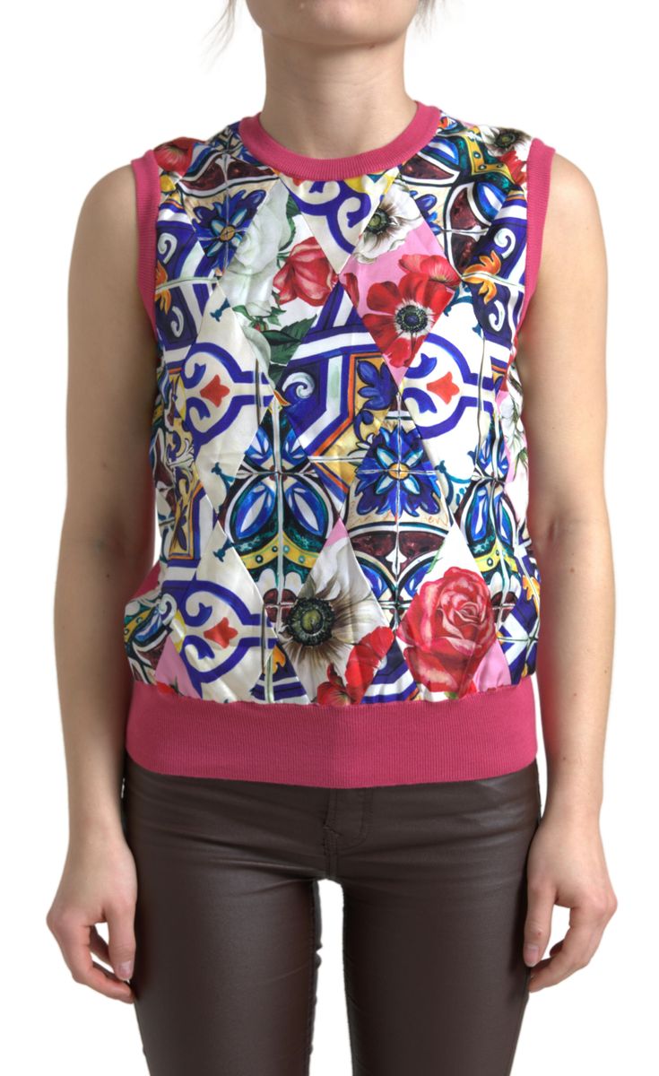 Dolce &amp; Gabbana Mehrfarbiges Majolika-Blumen-Tanktop mit Rundhalsausschnitt