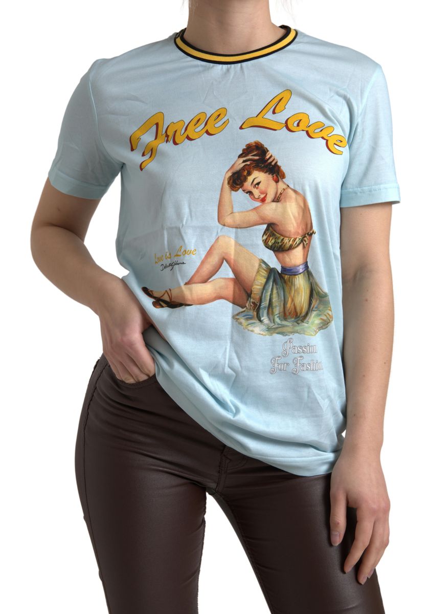 Dolce &amp; Gabbana Hellblaues „Free Love“-T-Shirt mit Rundhalsausschnitt aus Baumwolle