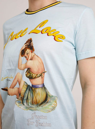 Dolce &amp; Gabbana Hellblaues „Free Love“-T-Shirt mit Rundhalsausschnitt aus Baumwolle