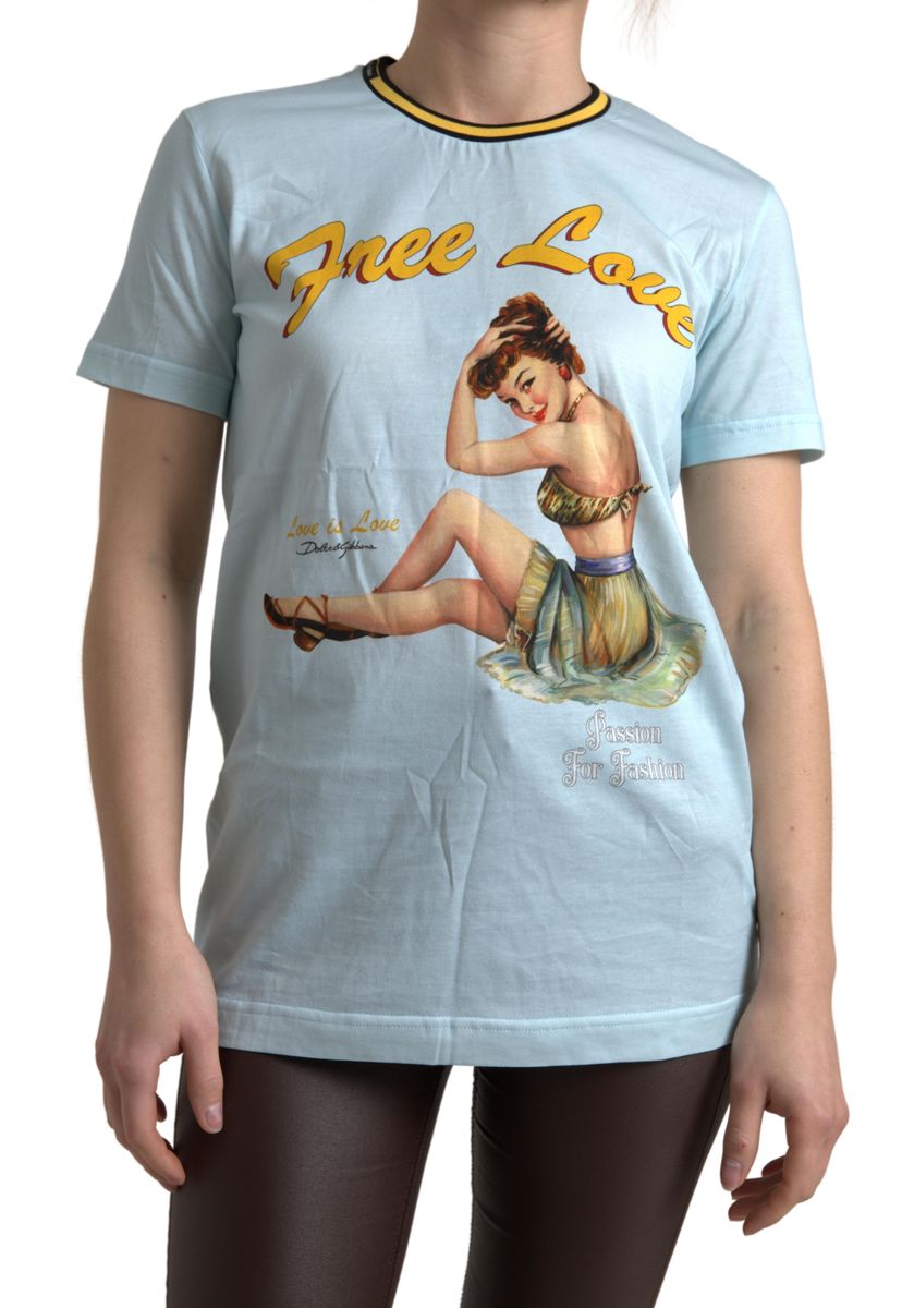 Dolce &amp; Gabbana Hellblaues „Free Love“-T-Shirt mit Rundhalsausschnitt aus Baumwolle