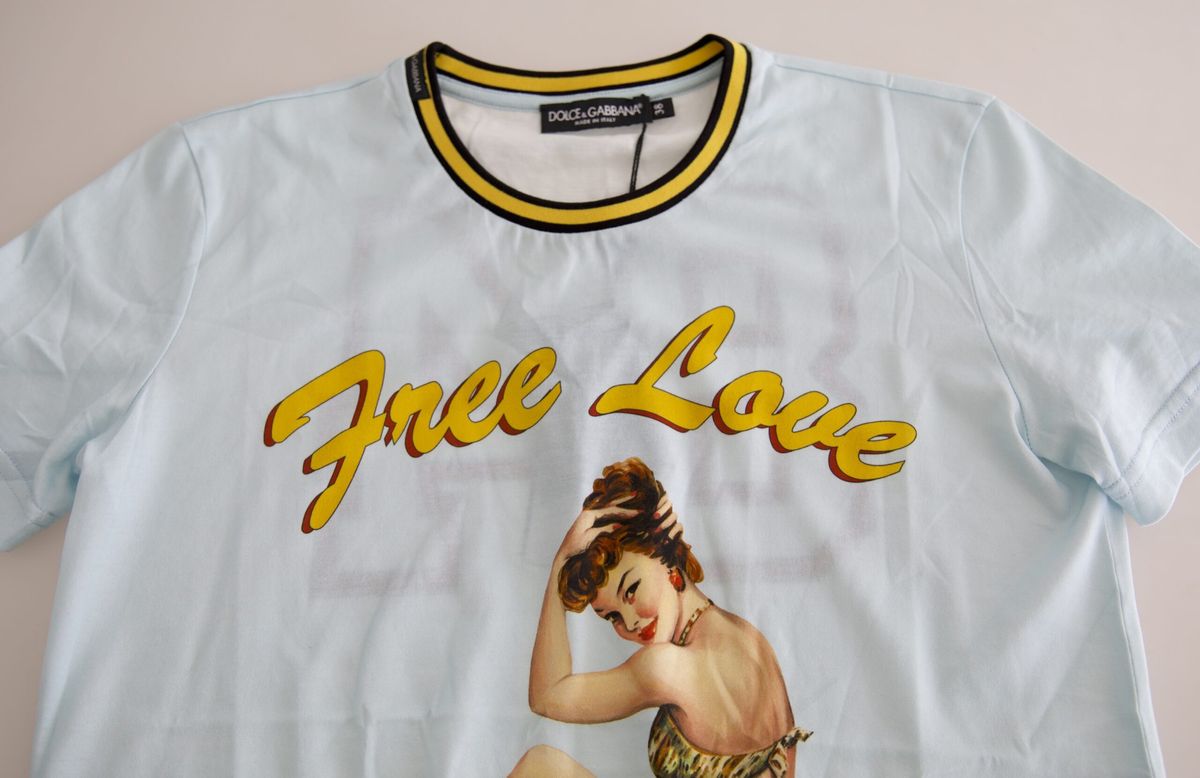 Dolce &amp; Gabbana Hellblaues „Free Love“-T-Shirt mit Rundhalsausschnitt aus Baumwolle