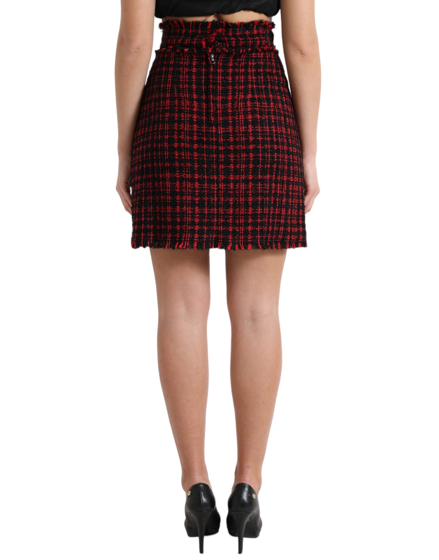 Dolce &amp; Gabbana Schwarz-roter Minirock aus Baumwolle mit hoher Taille und Tartan-Tweed