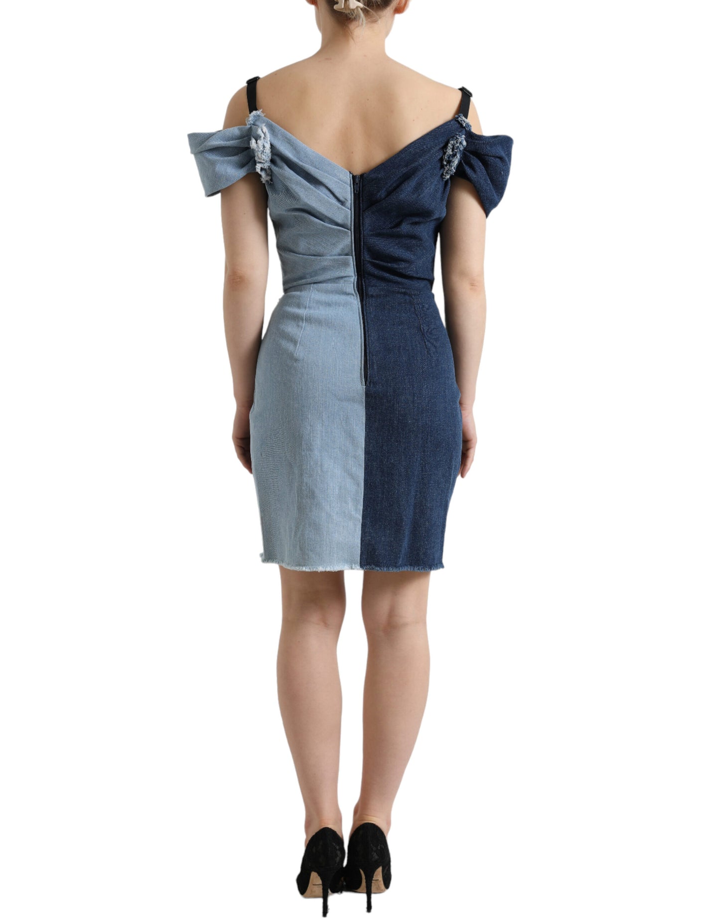 Dolce &amp; Gabbana Blaues Patchwork-Minikleid aus zweifarbigem Denim