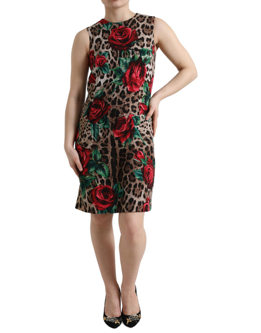 Dolce &amp; Gabbana Braunes A-Linien-Kleid aus Wolle mit Leopardenmuster und roten Rosen