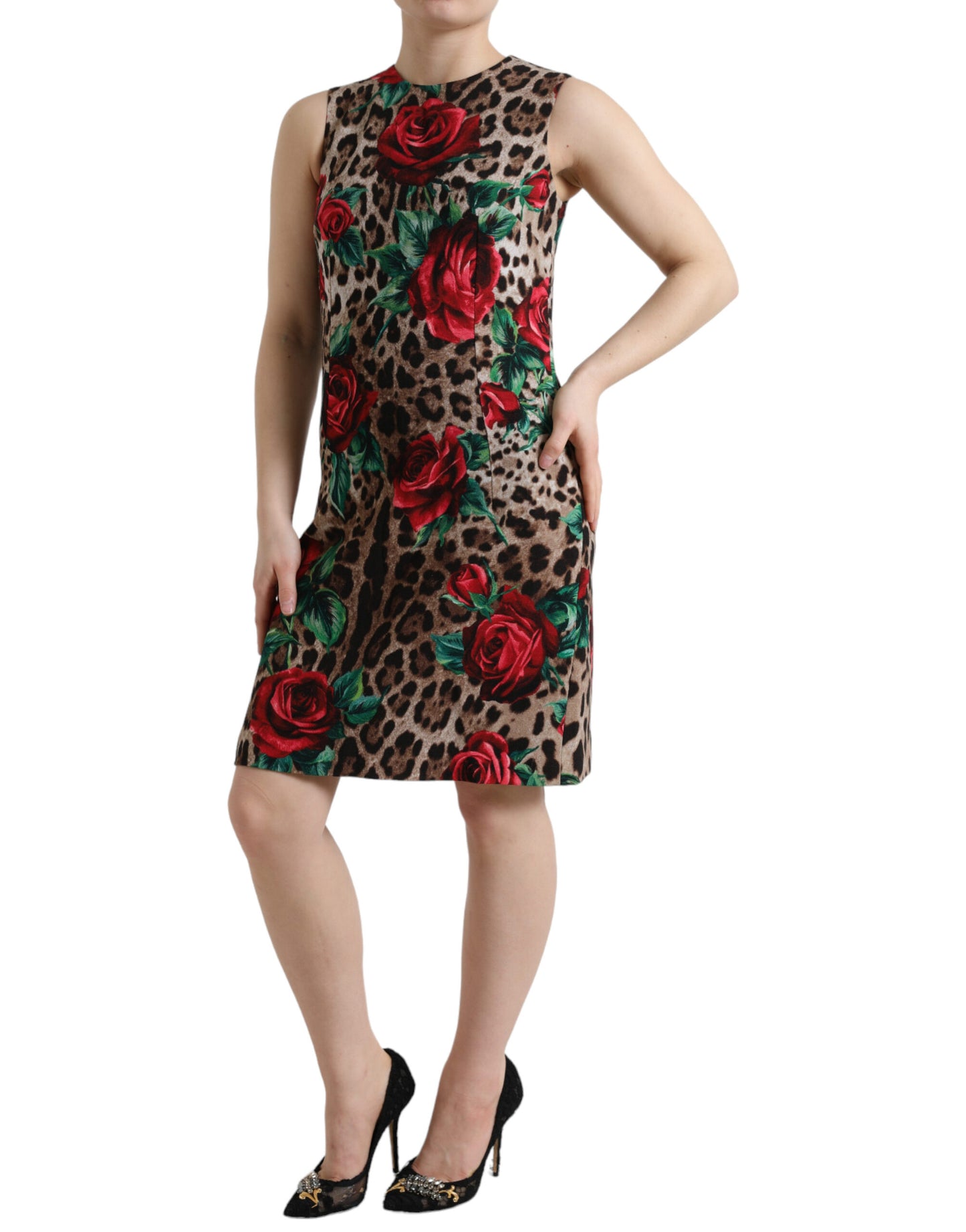 Dolce &amp; Gabbana Braunes A-Linien-Kleid aus Wolle mit Leopardenmuster und roten Rosen