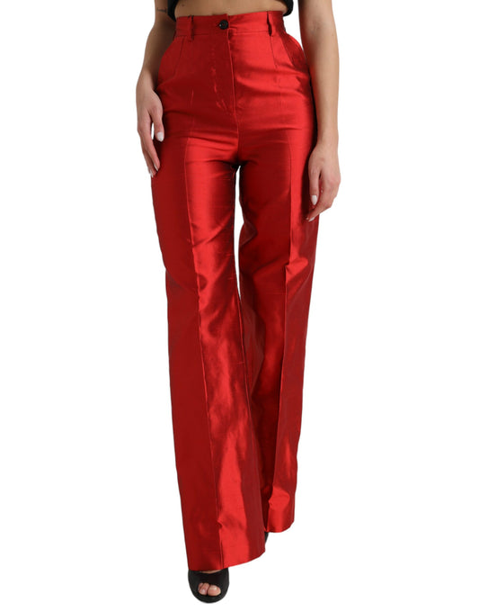 Dolce &amp; Gabbana Rote Satin-Seidenhose mit hoher Taille und weitem Bein