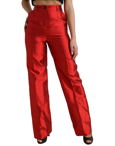 Dolce &amp; Gabbana Rote Satin-Seidenhose mit hoher Taille und weitem Bein