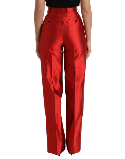 Dolce &amp; Gabbana Rote Satin-Seidenhose mit hoher Taille und weitem Bein