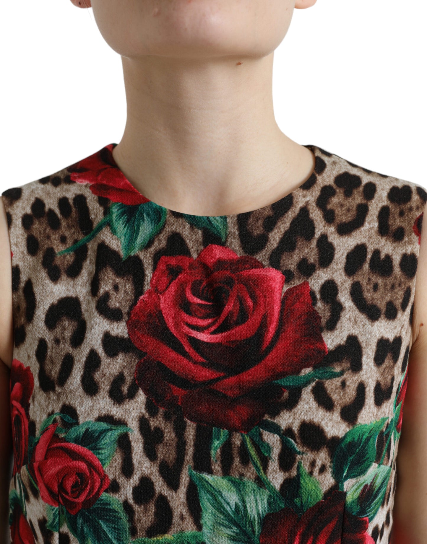 Dolce &amp; Gabbana Braunes A-Linien-Kleid aus Wolle mit Leopardenmuster und roten Rosen