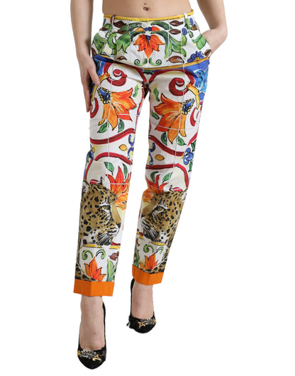 Dolce &amp; Gabbana Weiße, schmal zulaufende Hose mit mittlerer Taille und Majolika-Print