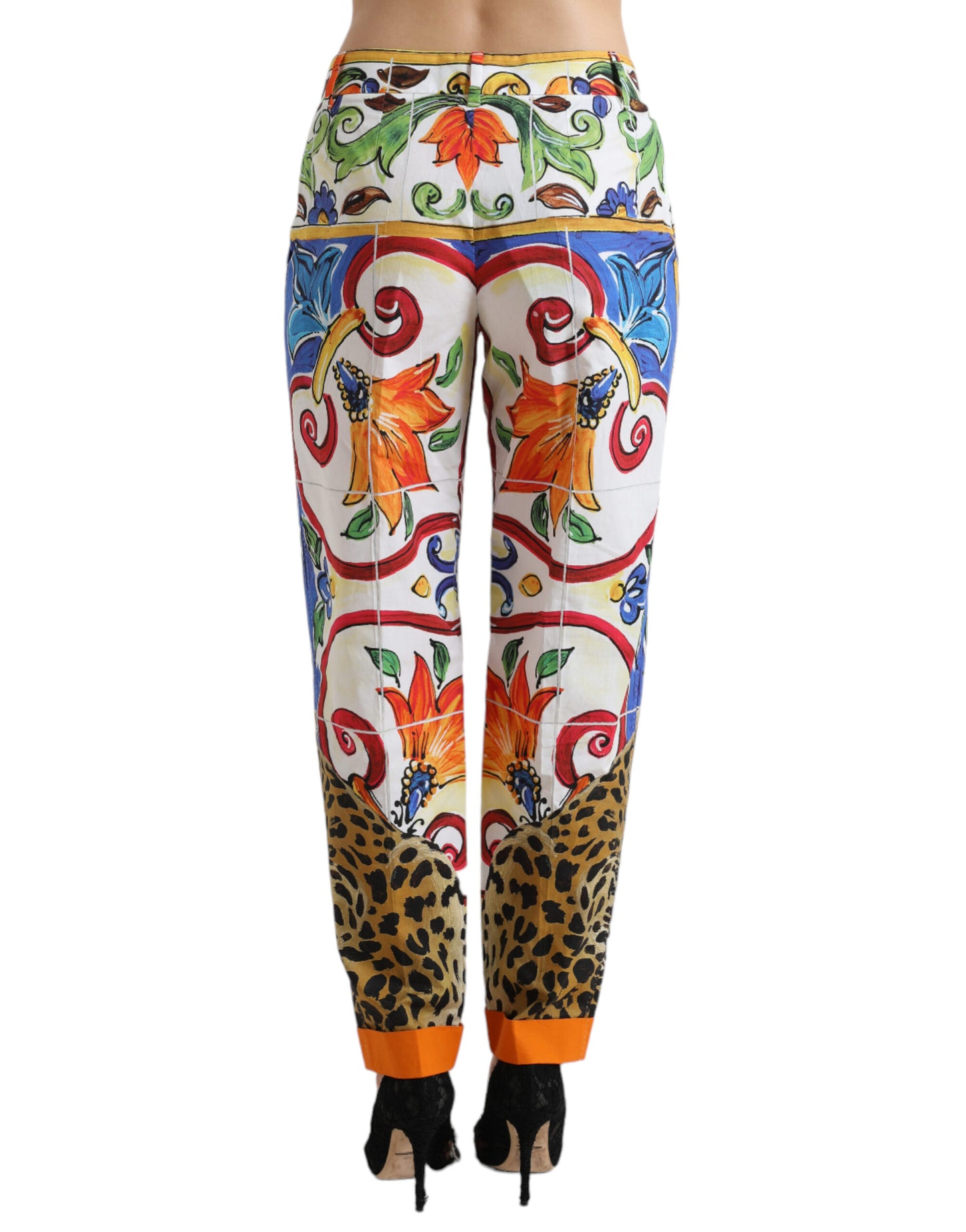 Dolce &amp; Gabbana Weiße, schmal zulaufende Hose mit mittlerer Taille und Majolika-Print