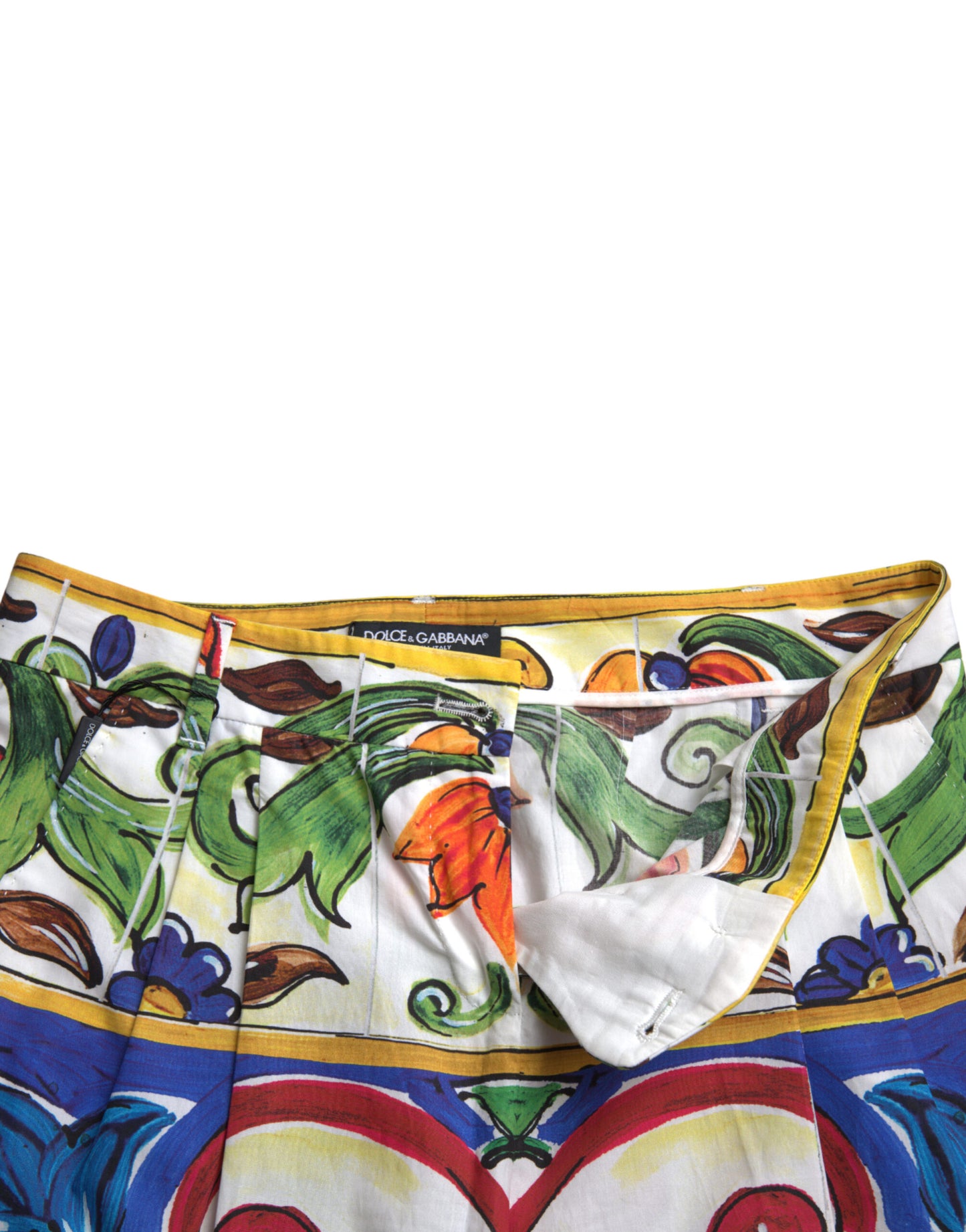 Dolce &amp; Gabbana Weiße, schmal zulaufende Hose mit mittlerer Taille und Majolika-Print