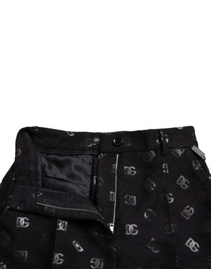 Dolce &amp; Gabbana Gerade Hose aus schwarzer Wolle mit DG-Logo und hoher Taille