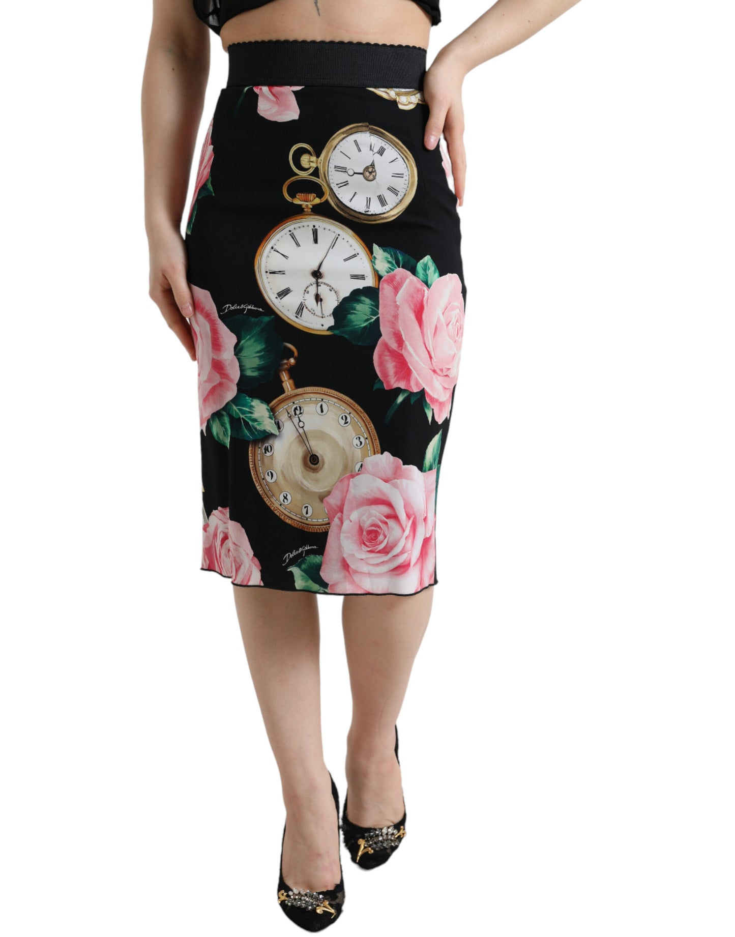 Dolce &amp; Gabbana – Schwarzer Bleistiftrock mit Rosenuhr und hoher Taille