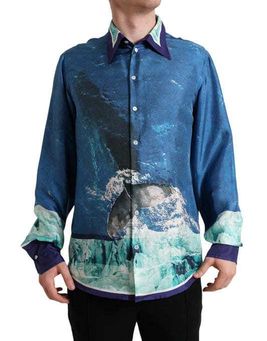 Dolce &amp; Gabbana Blue Ocean Print Seidenkragen-Button-Down-Hemd