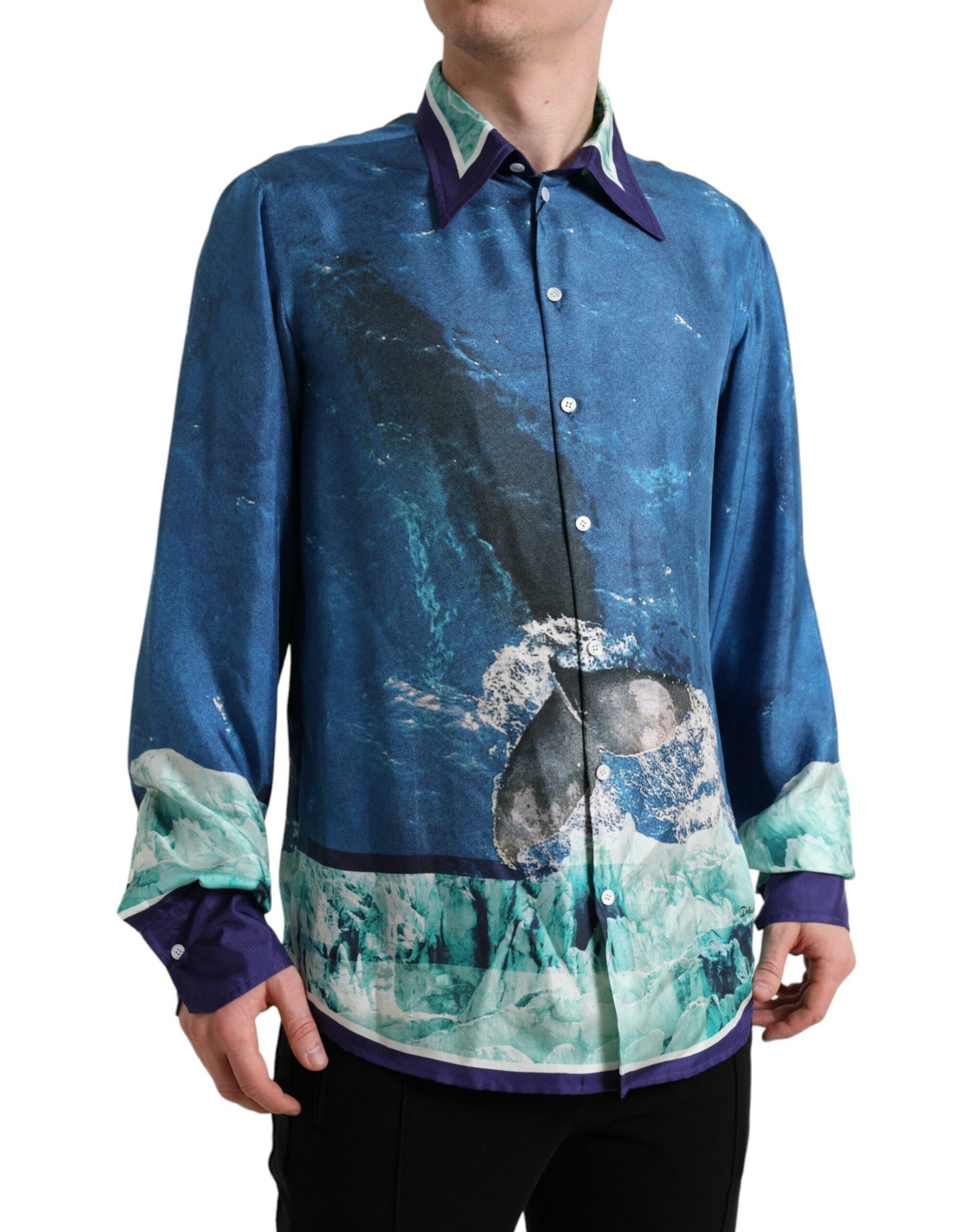 Dolce &amp; Gabbana Blue Ocean Print Seidenkragen-Button-Down-Hemd