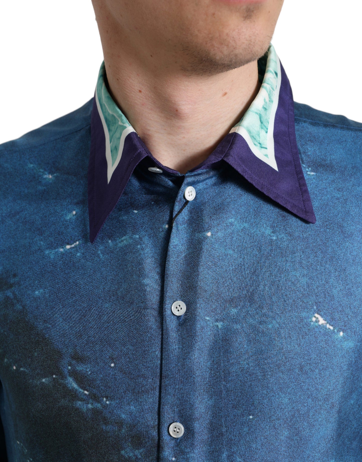 Dolce &amp; Gabbana Blue Ocean Print Seidenkragen-Button-Down-Hemd