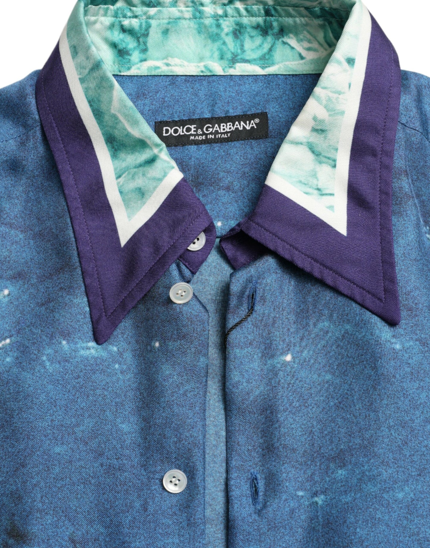 Dolce &amp; Gabbana Blue Ocean Print Seidenkragen-Button-Down-Hemd