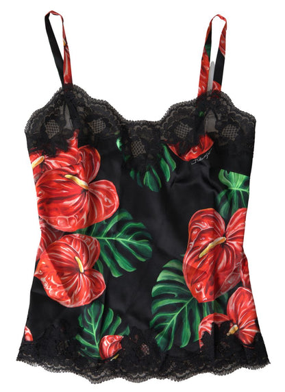 Dolce &amp; Gabbana schwarze Camisole-Top-Unterwäsche aus Seide mit Anthurium-Print