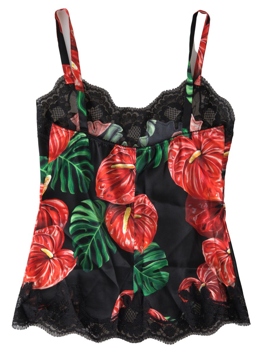 Dolce &amp; Gabbana schwarze Camisole-Top-Unterwäsche aus Seide mit Anthurium-Print