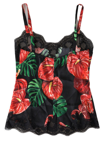 Dolce &amp; Gabbana schwarze Camisole-Top-Unterwäsche aus Seide mit Anthurium-Print