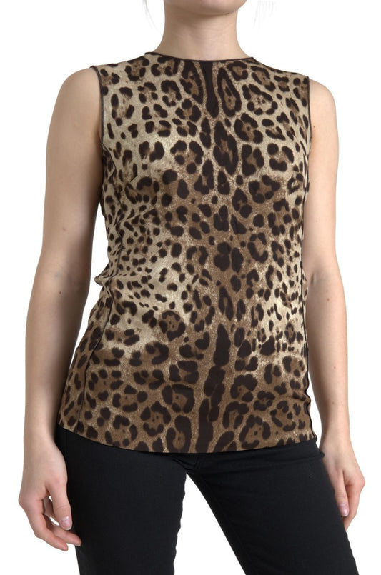 Dolce &amp; Gabbana Braunes ärmelloses Tanktop aus Viskose mit Leopardenmuster