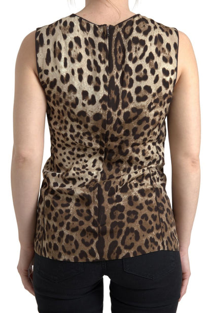 Dolce &amp; Gabbana Braunes ärmelloses Tanktop aus Viskose mit Leopardenmuster